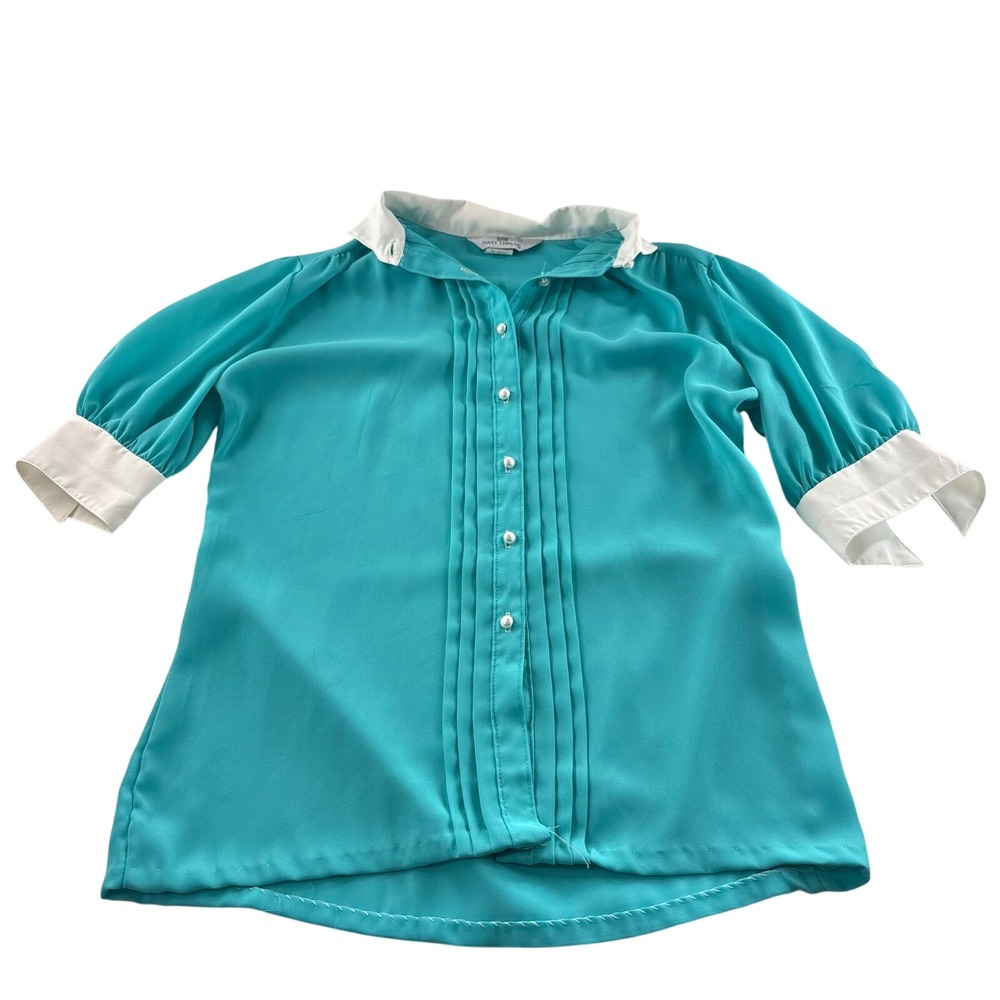 Vintage Sweetbriar Teal Tuxedo Pleated Blouse Pearl Button Contrast Cuff Size 10